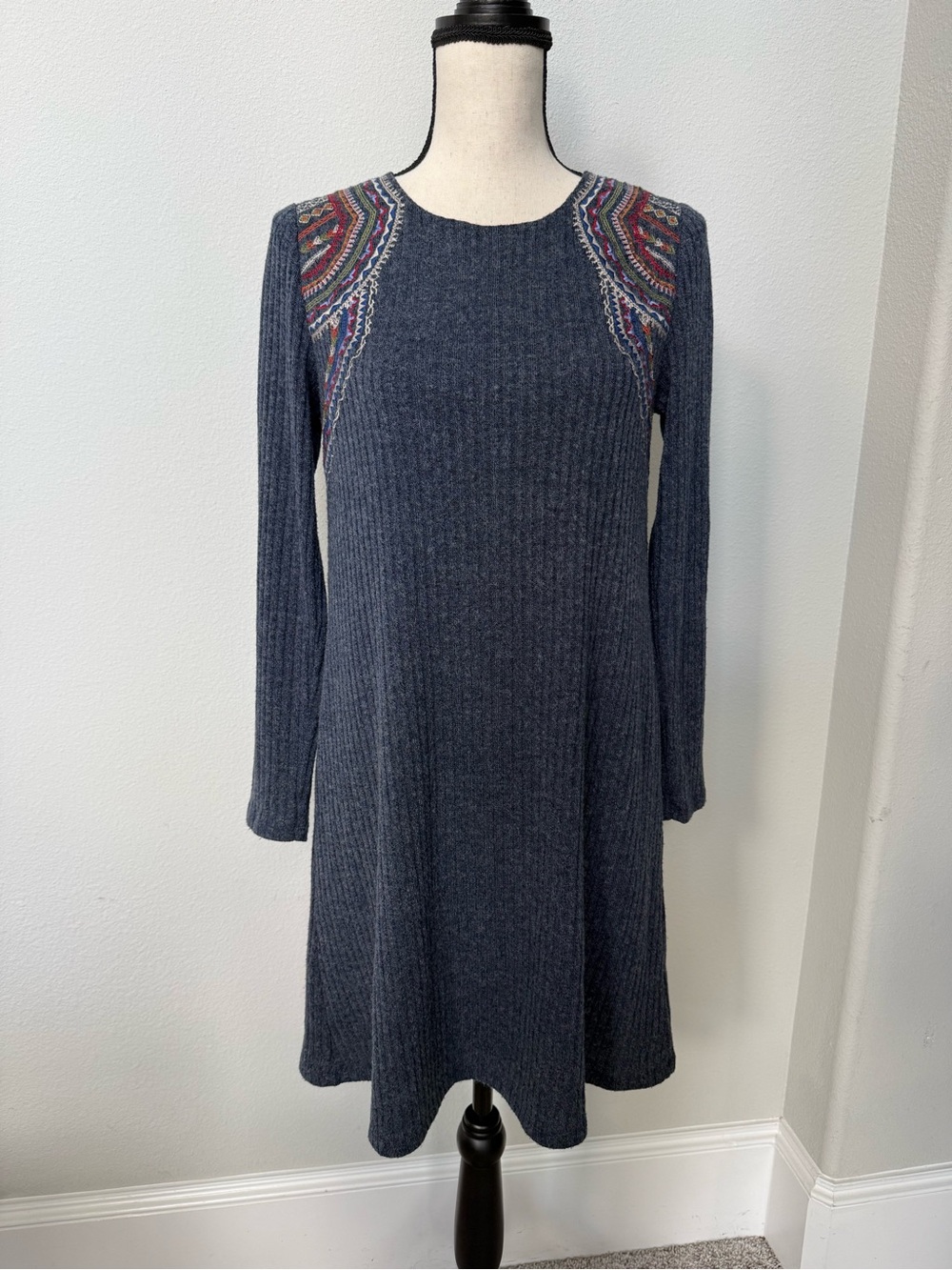 THML Navy Ribbed Long-Sleeve Sweater Dress with Multicolor Embroidery